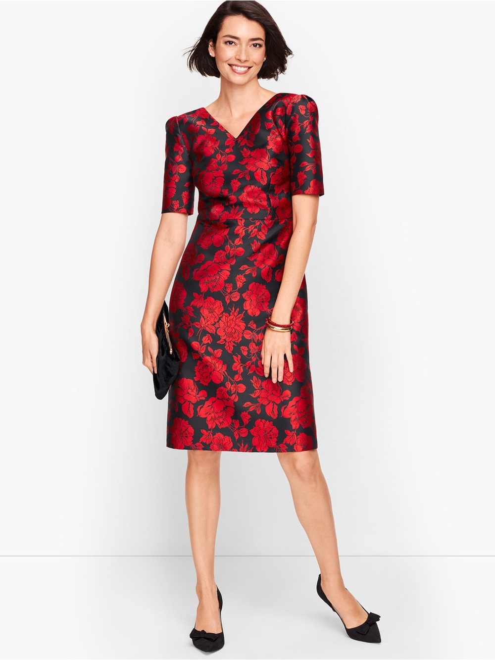 Back Bow Floral Jacquard Sheath Dress - Elegant V-Neck